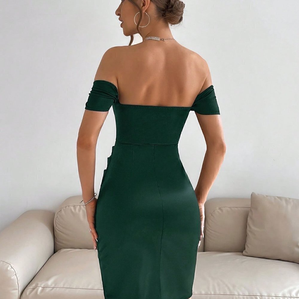 Green Preppy Womens Off Shoulder Ruched Tulip Hem Dress - Picture 2 of 5